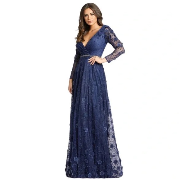 Mac Duggal floral lace evening long sleeve blue embellished v neck 67503 size 12 - Picture 1 of 16